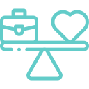 Cartoon scale with a heart and a briefcase in balance, representing work-life balance.