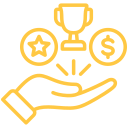 Cartoon hand holding a money symbol and trophy