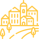 Cartoon of a city with houses and trees