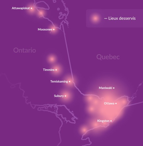 Une carte indiquant les lieux desservis par l'équipe. La liste complète se trouve plus haut sur cette page web.