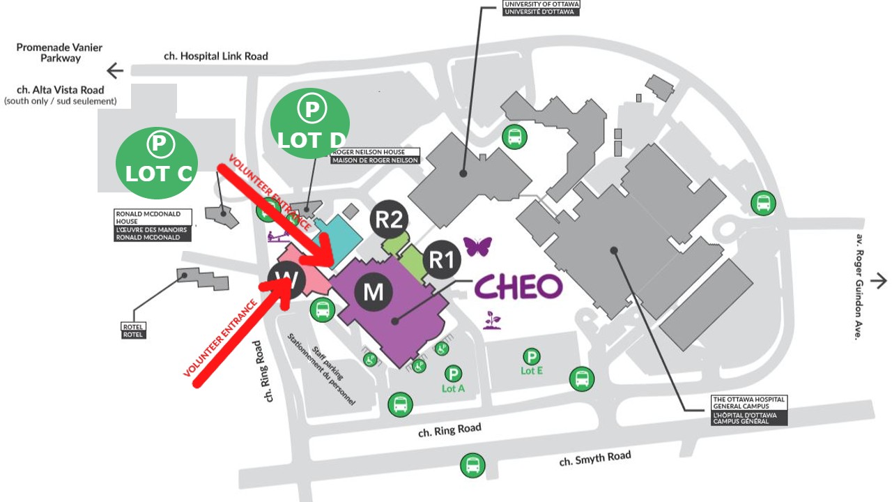 Map of CHEO parking lots, indicating entrances and parking lots for volunteers