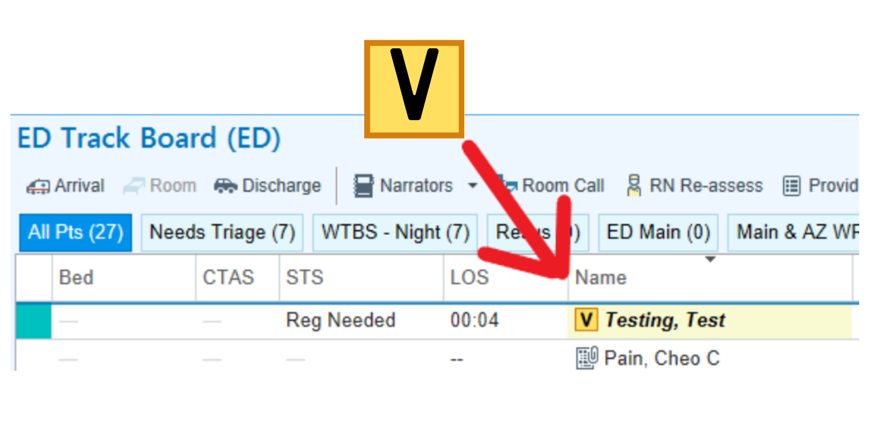 Screenshot of an Epic Track board line, displaying a "test" patient’s name appear in bold, italicized, with a yellow square with the “V” symbol in it,  next to their name.