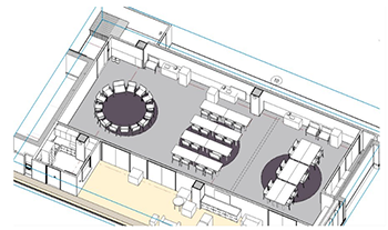 architect drawing of room with circular elements