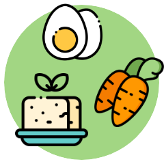 Icons of eggs, carrots and tofu.