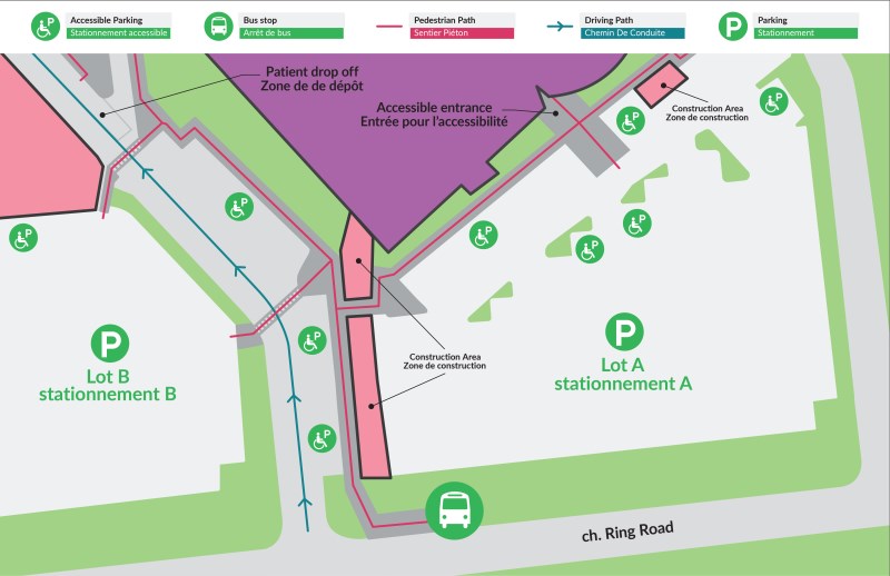 Map of CHEO including designated accessible parking areas.