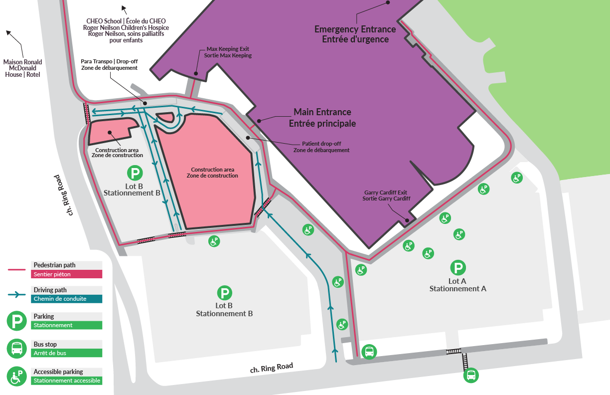 Map of CHEO including designated accessible parking areas.